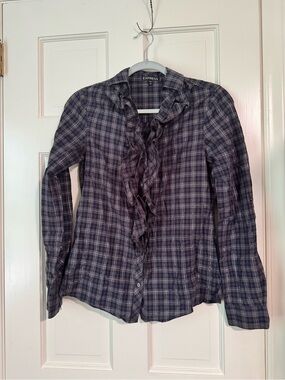Express Women's Plaid Button-Down Shirt - Navy & Gray